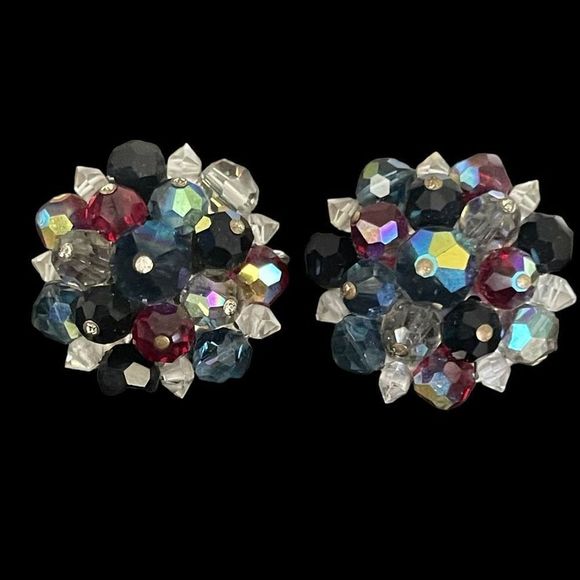 Signed Laguna AB Crystal Beaded Clip On Earrings Silver Tone Vintage Estate - Picture 3 of 6